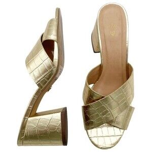 Lulus Ybarra Metallic Gold Croc-Embossed Block Heel Leather Sandals Size 7.5